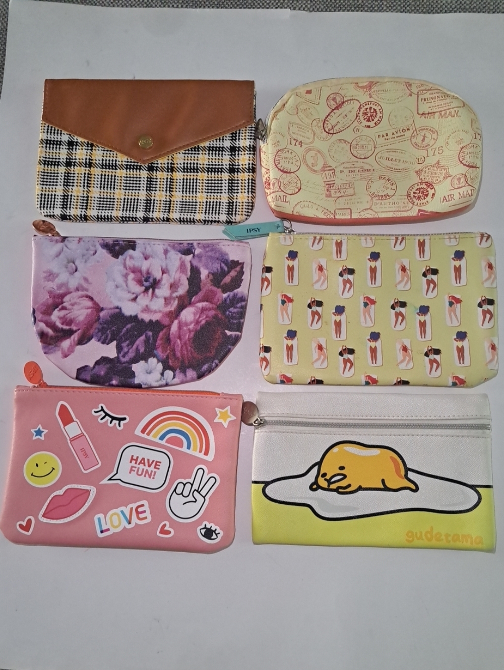 Assorted Cosmetic Pouches - Floral, Plaid, Gudetama & Cute Prints
